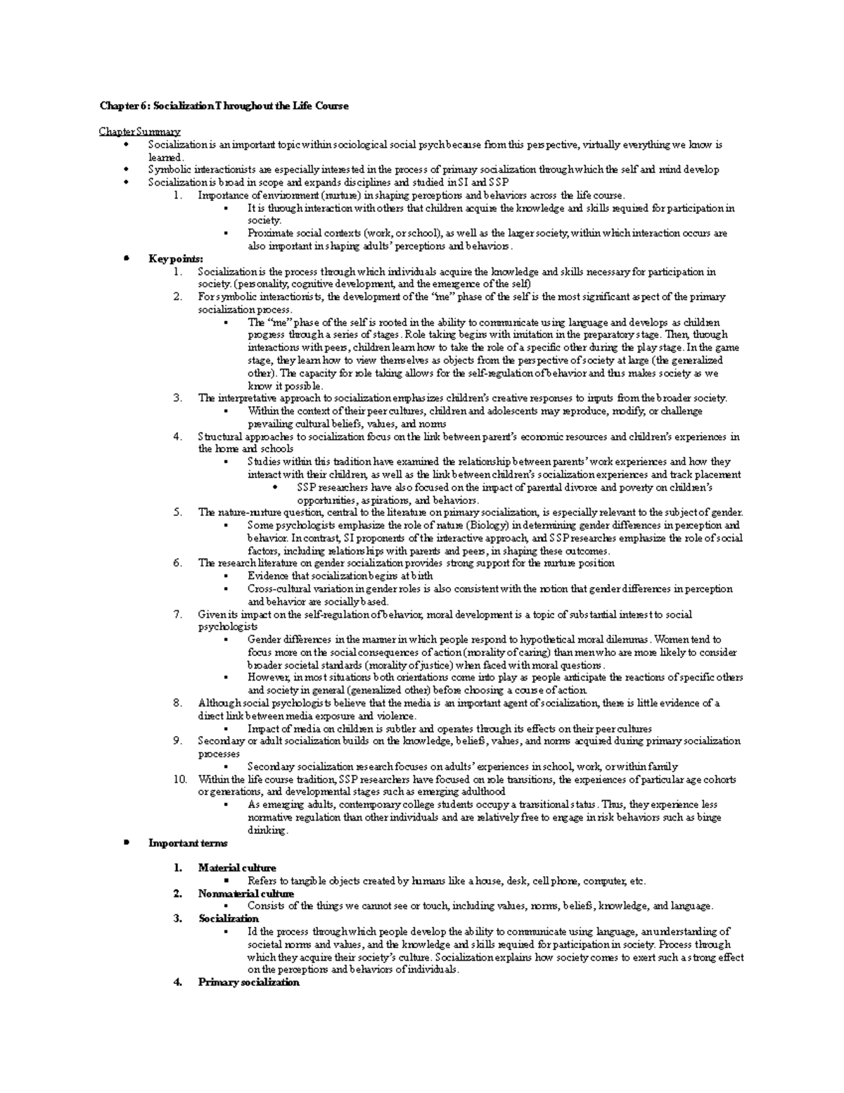 Soc study guide chapter 6 and 7 - Chapter 6: Socialization Throughout ...