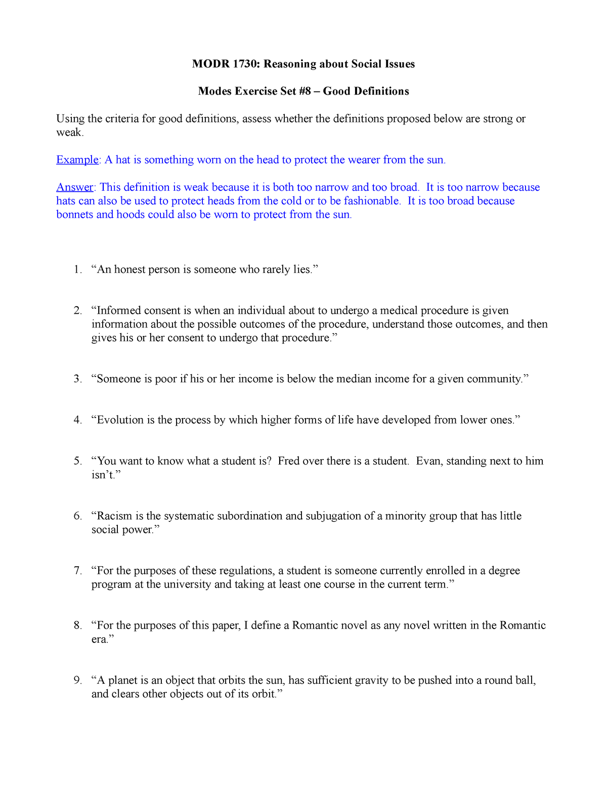 Modes Exercise Set #8 Definitions - MODR 1730: Reasoning about Social ...