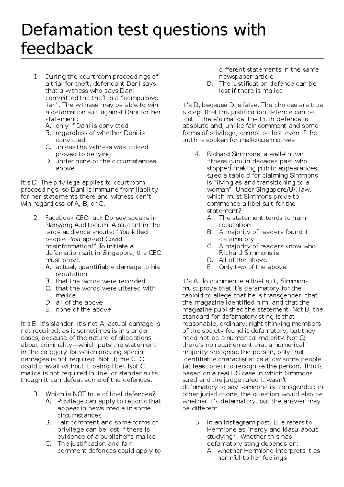 Defamation test qs w feedback 2022aug - Defamation test questions with ...