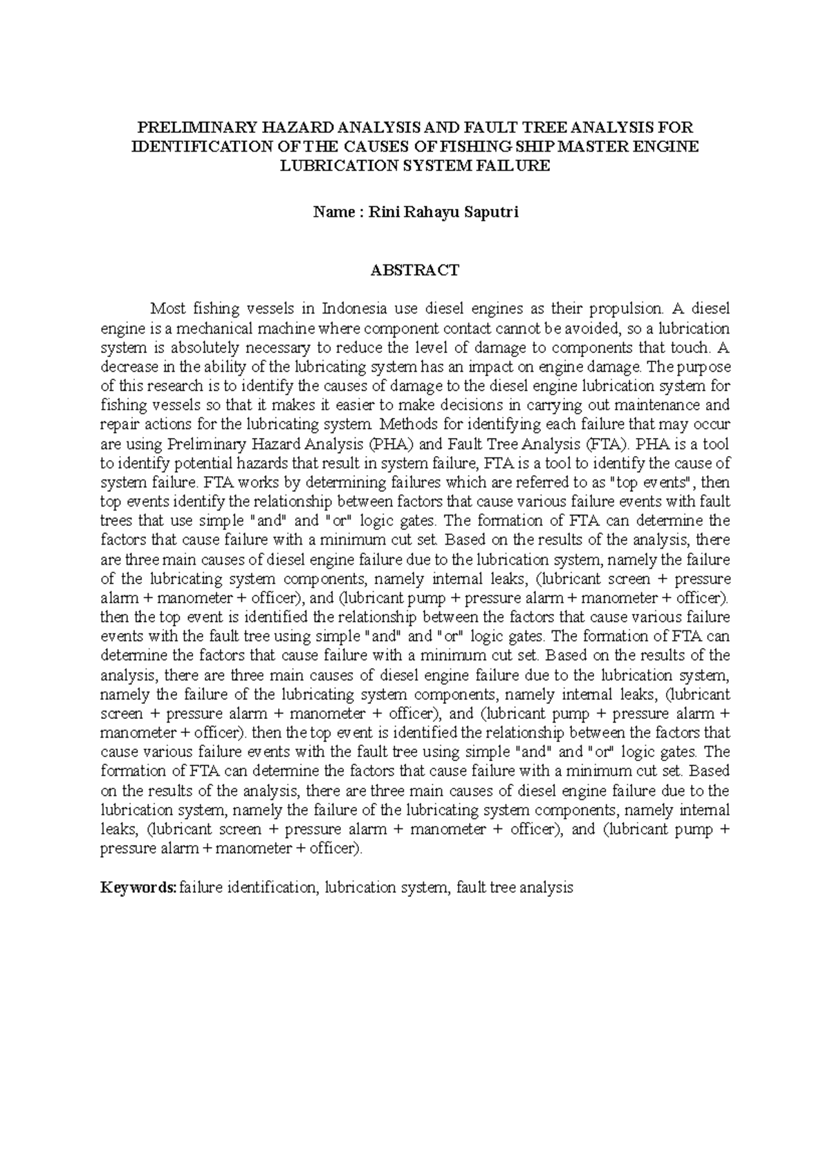 Preliminary Hazard Analysis AND Fault TREE Analysis FOR Identification ...
