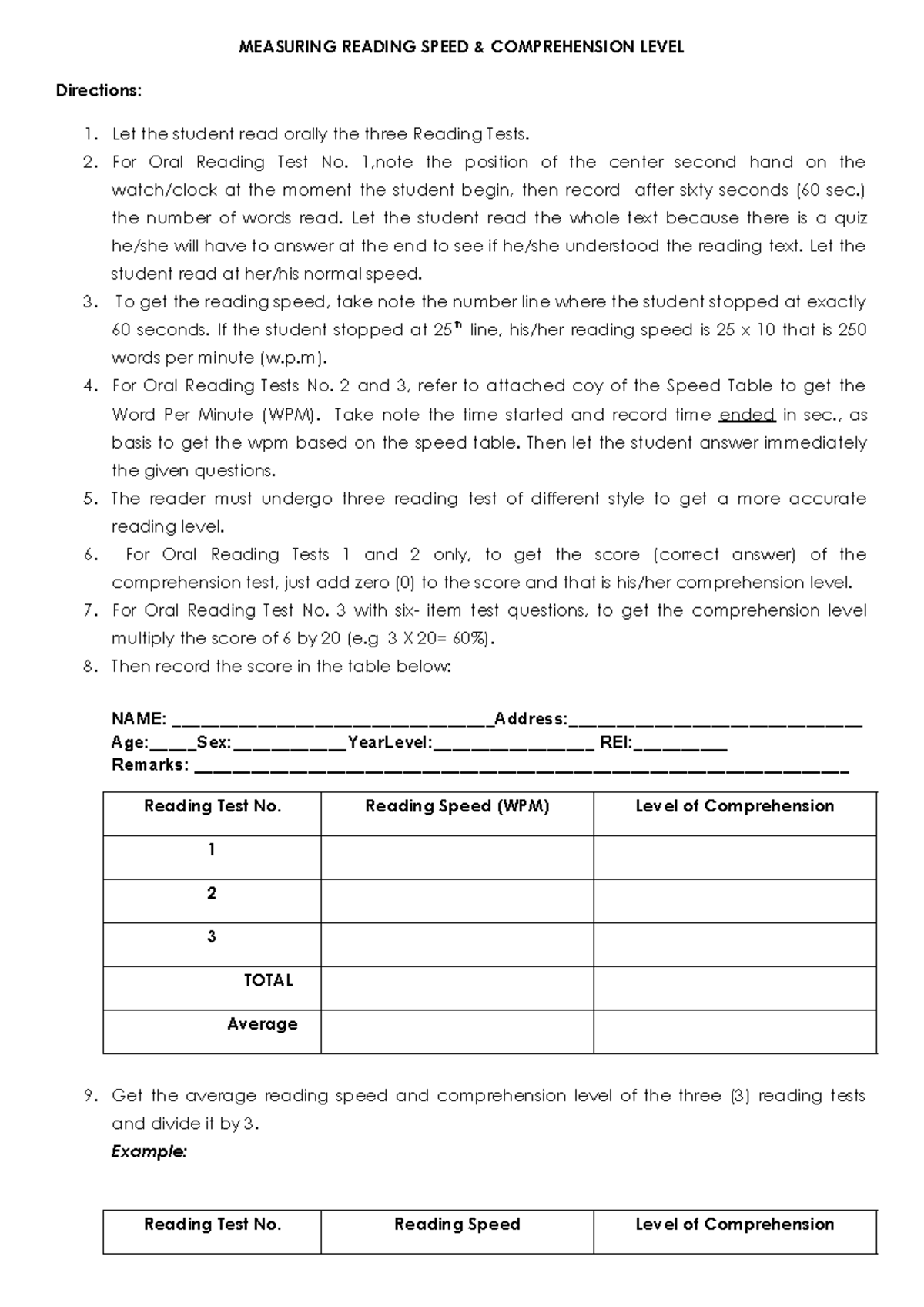 Measuring reading speed comp - MEASURING READING SPEED & COMPREHENSION ...
