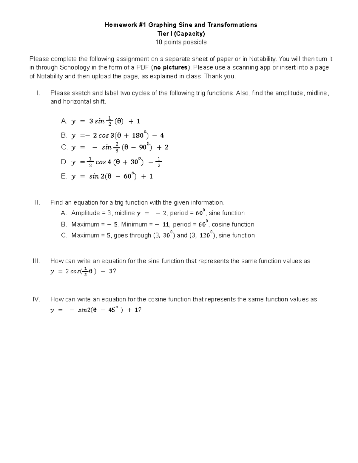 Homework 1 Graphing Sine and Cosine Functions with Transformations Tier ...