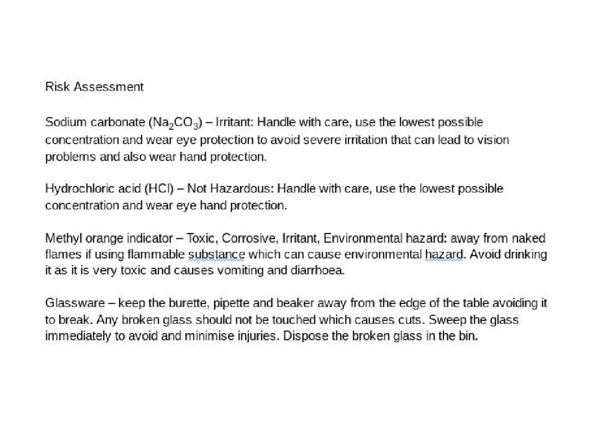 Risk Assessment Hydrochloric acid (HCI) Not Hazardous Handle with