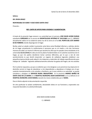 Modelo carta de apoyo a vivienda - Santa Cruz de la Sierra 15 diciembre  2021 Señora: DR. ERVIN - Studocu