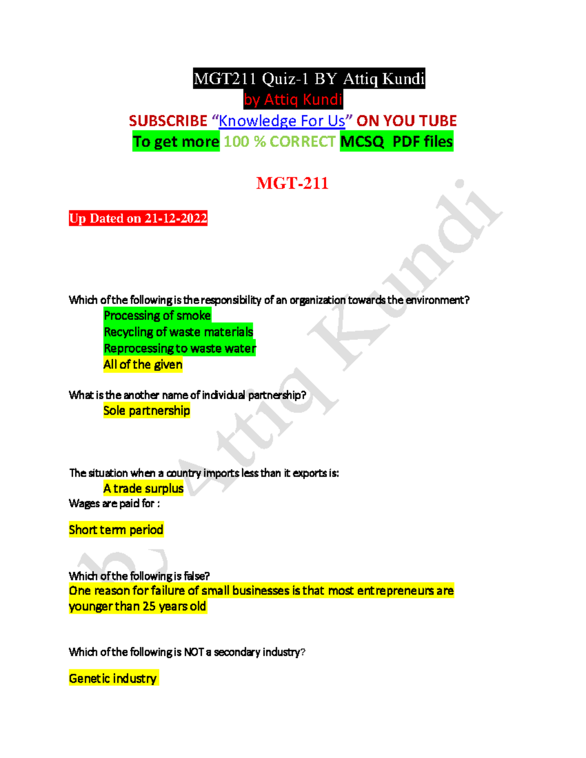 MGT211 Quiz 1 By Attiq Kundi-updated On 21-12-2022 - MGT211 Quiz-1 BY ...