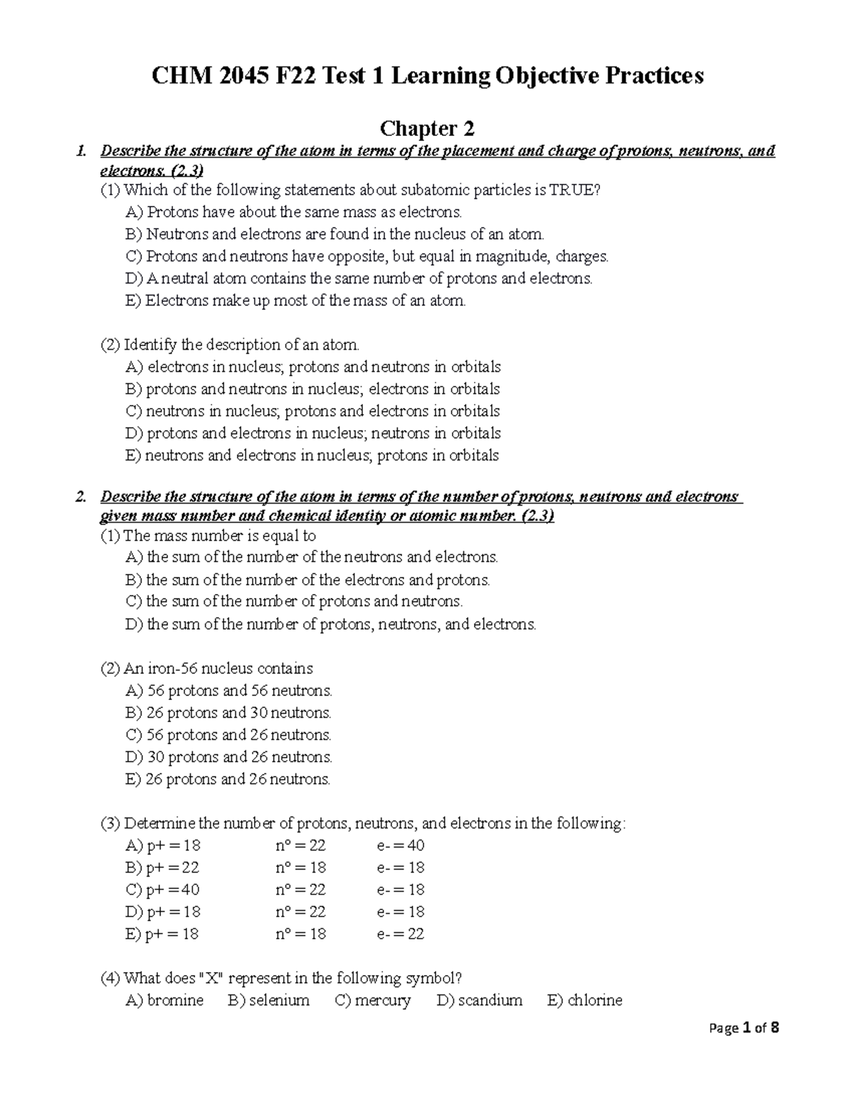 CHM 2045 F22 Test 1 Learning Objective Practices without answers - CHM ...