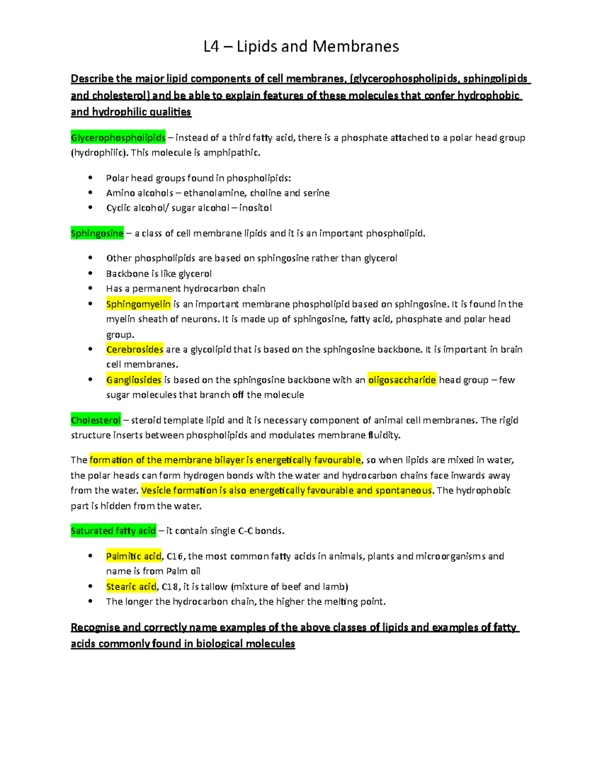 L4 - Lipids and Membranes - Describe the major lipid components of cell ...