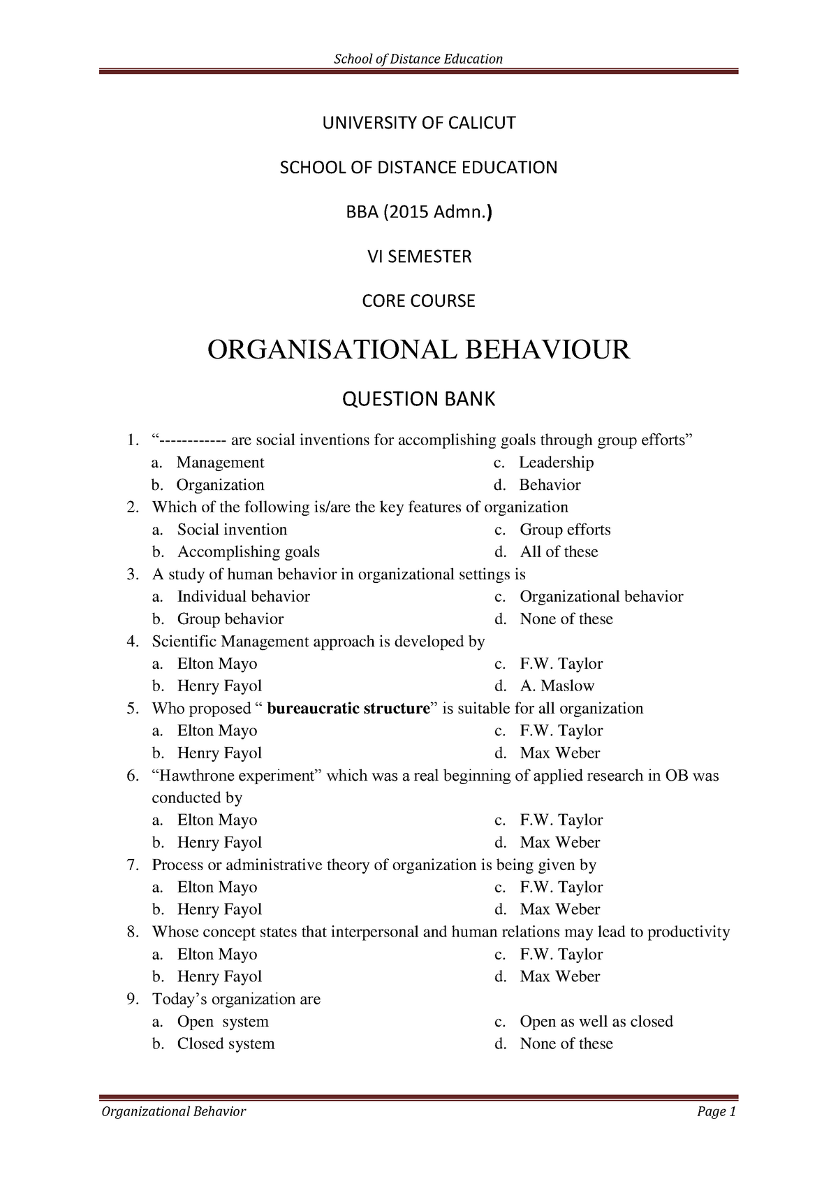 Organizational Behaviour mcq - StuDocu