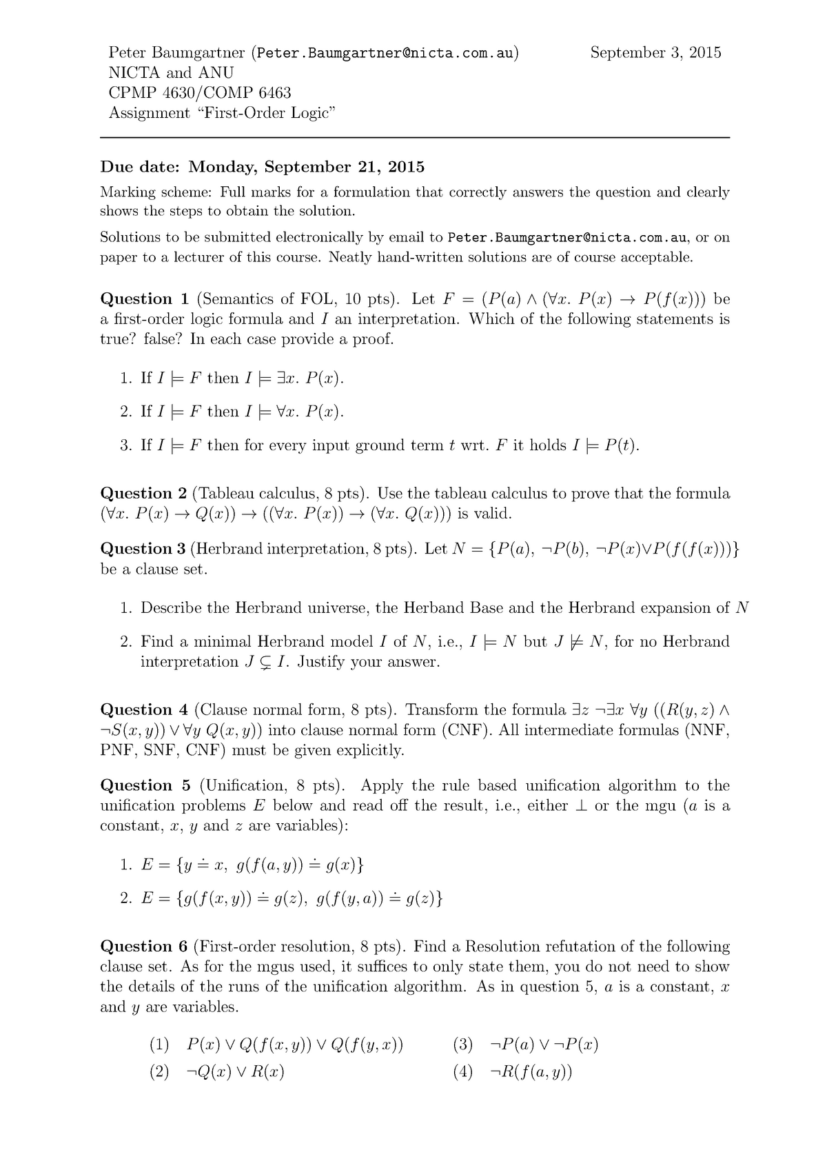 Seminar Assignments First Order Logic Studocu