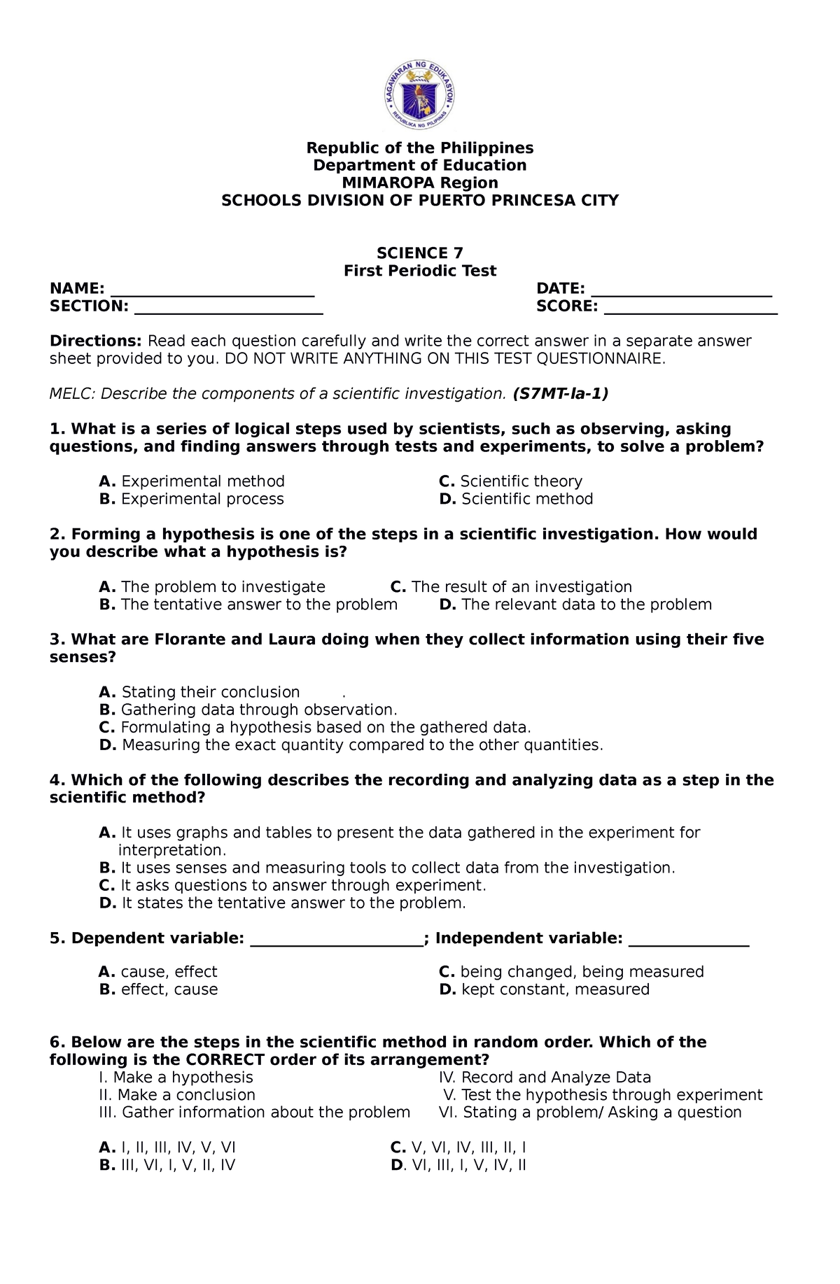 Science-7 1st-Periodic-Test - Republic Of The Philippines Department Of ...