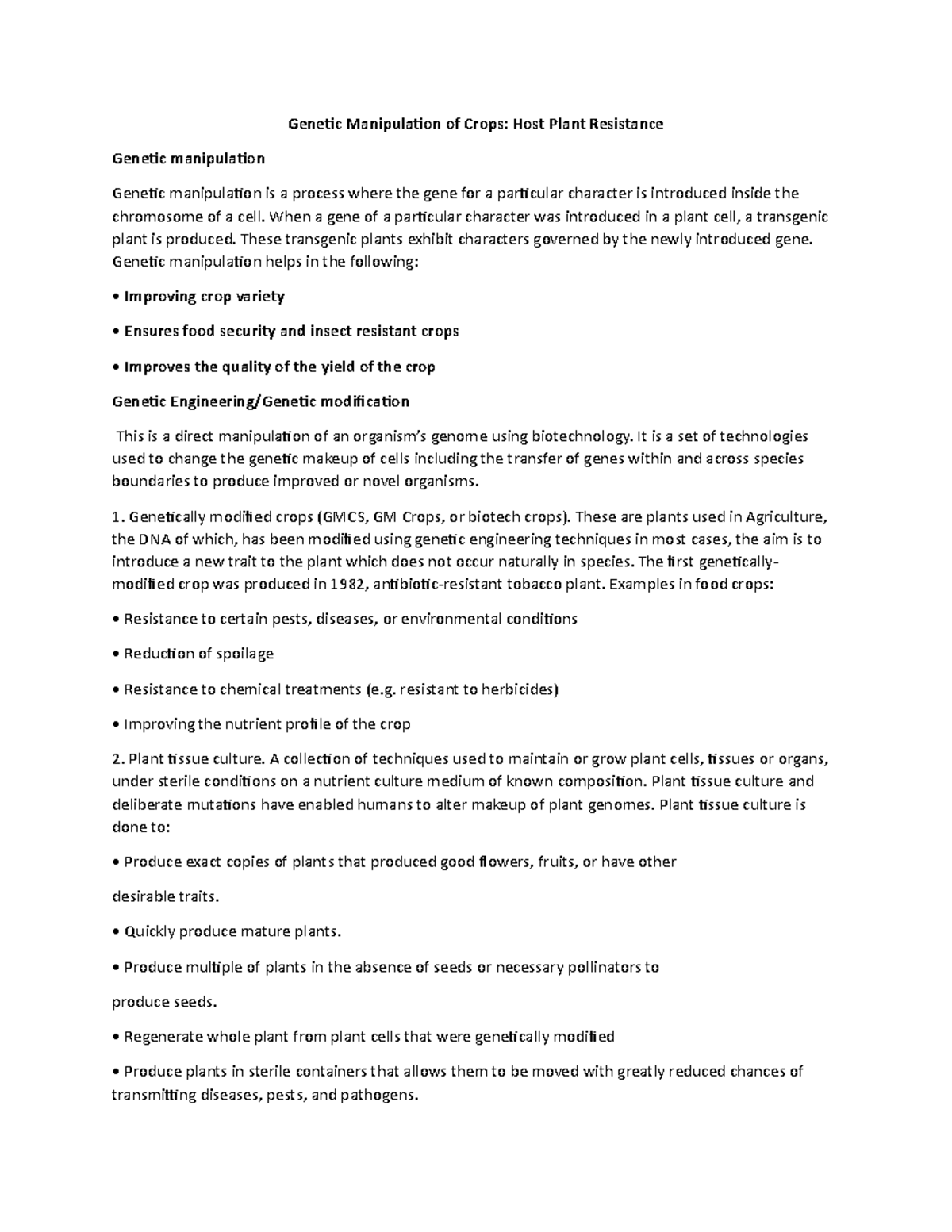 Manipulation of Crops When a gene of a particular character