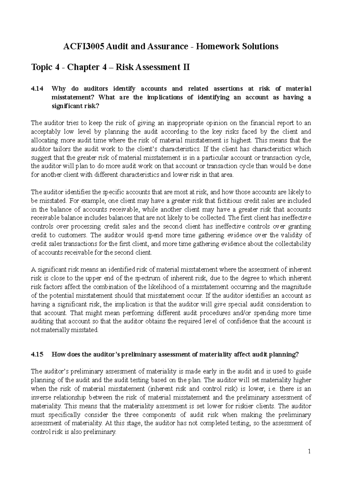 ACFI3005 Topic 4 Homework solutions Audit Risk, materiality planning ...
