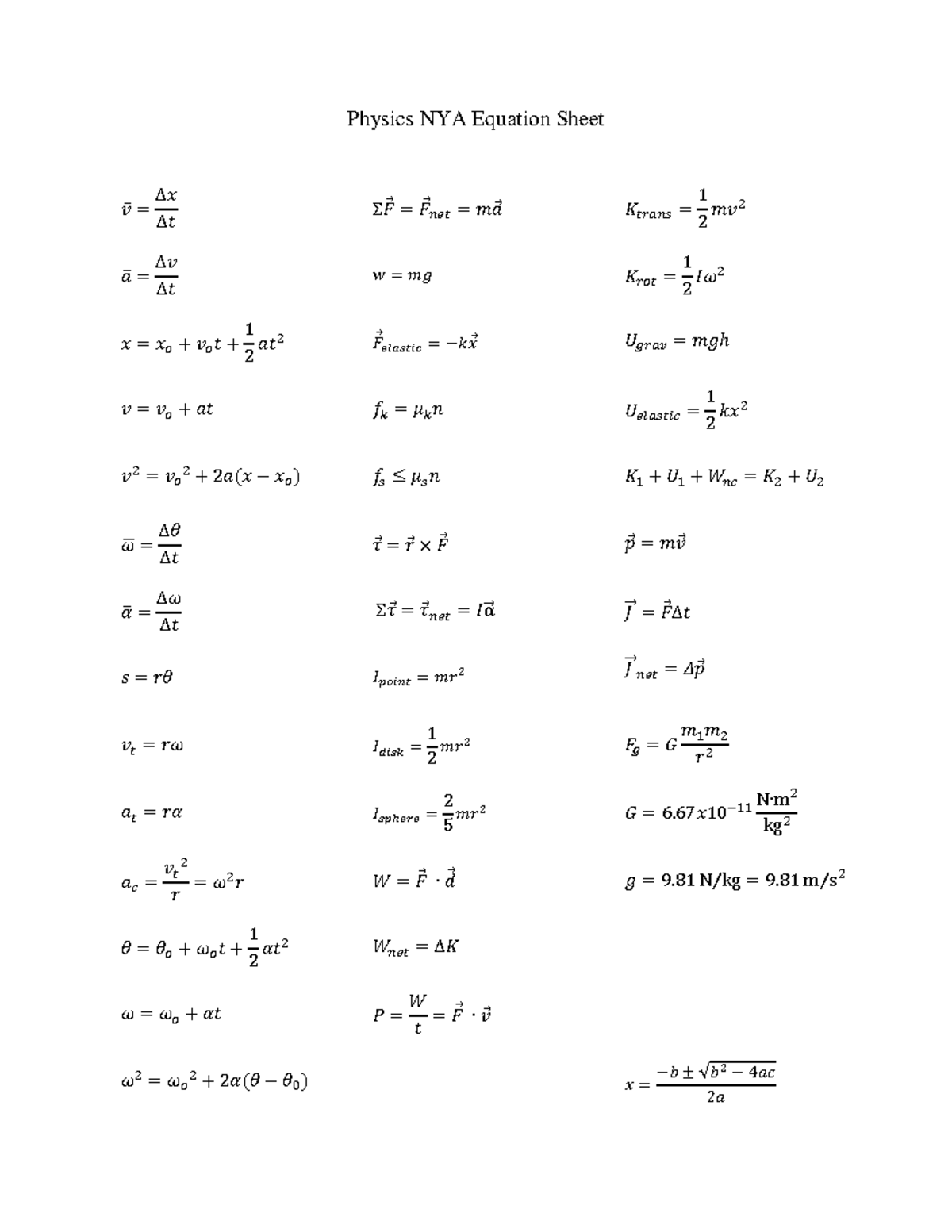 NYA equation sheet Fall 2019 - Physics NYA Equation Sheet 𝑣𝑣̅ = ∆𝑥𝑥 ∆𝑡𝑡 ...