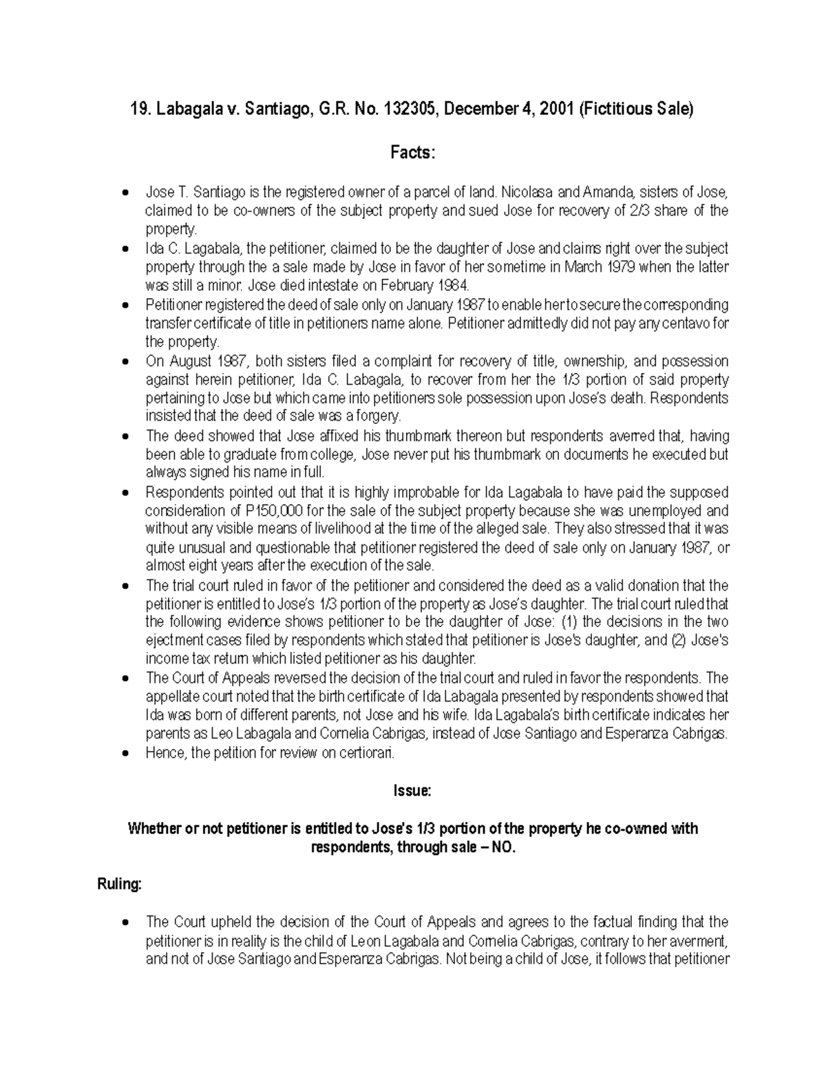 19. Labagala v. Santiago, G.R. No. 132305, December 4, 2001 (Fictitious ...