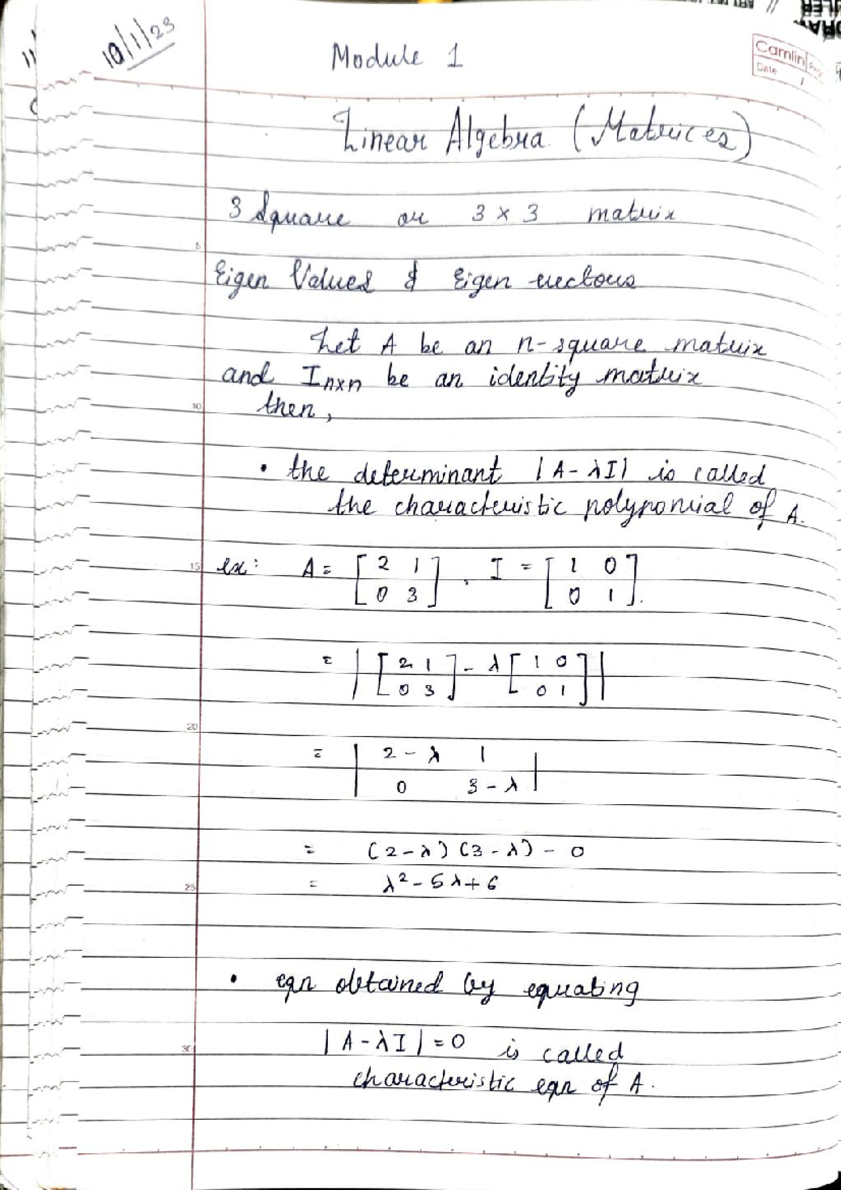 Matrices Notes For Engineering Mathematics - Module 1 Camlin Date VALE ...