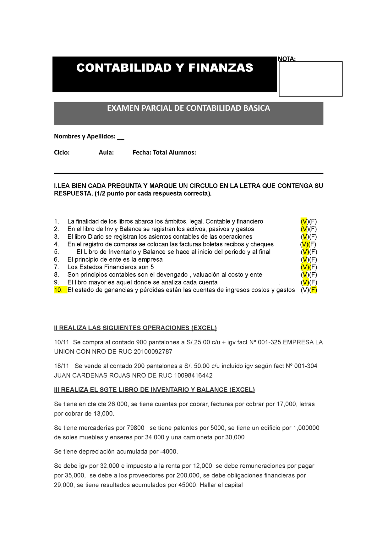 Examen Parcial Contabilidad Basica 2023 - EXAMEN PARCIAL DE ...