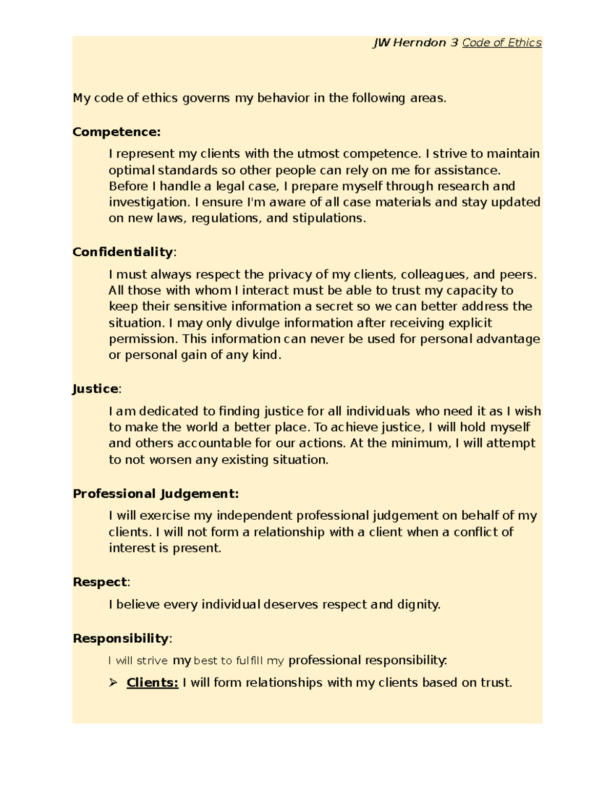 Code of Ethics (MDMH) rev - JW Herndon 3 Code of Ethics My code of ...