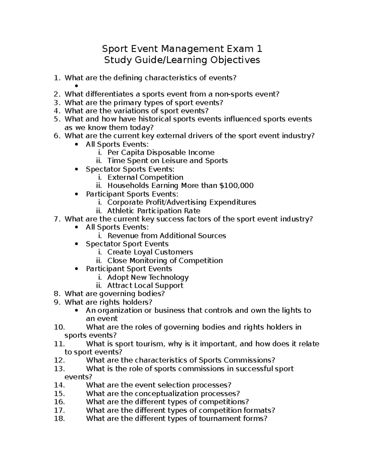 Sport Event MGMT Exam 1 Sample Questions Sport Event Management Exam