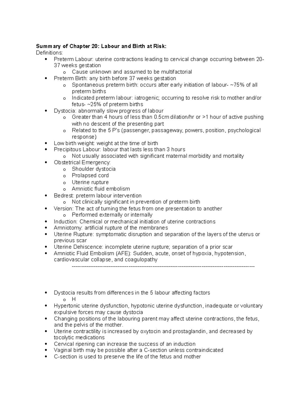 Summary of Chapter 20 Maternal Child Nursing Care Summary of