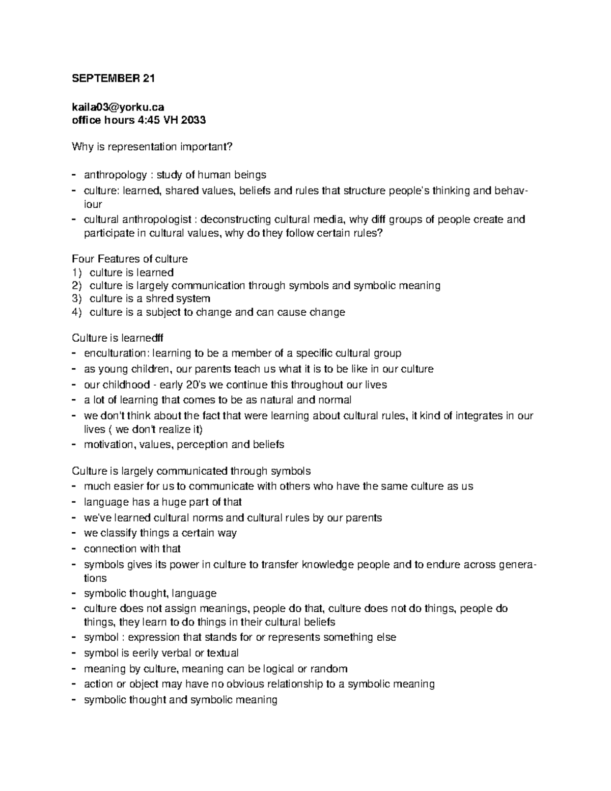 Media, Representation and Culture Lecture Notes SEPTEMBER 21 kaila03yorku office hours 445