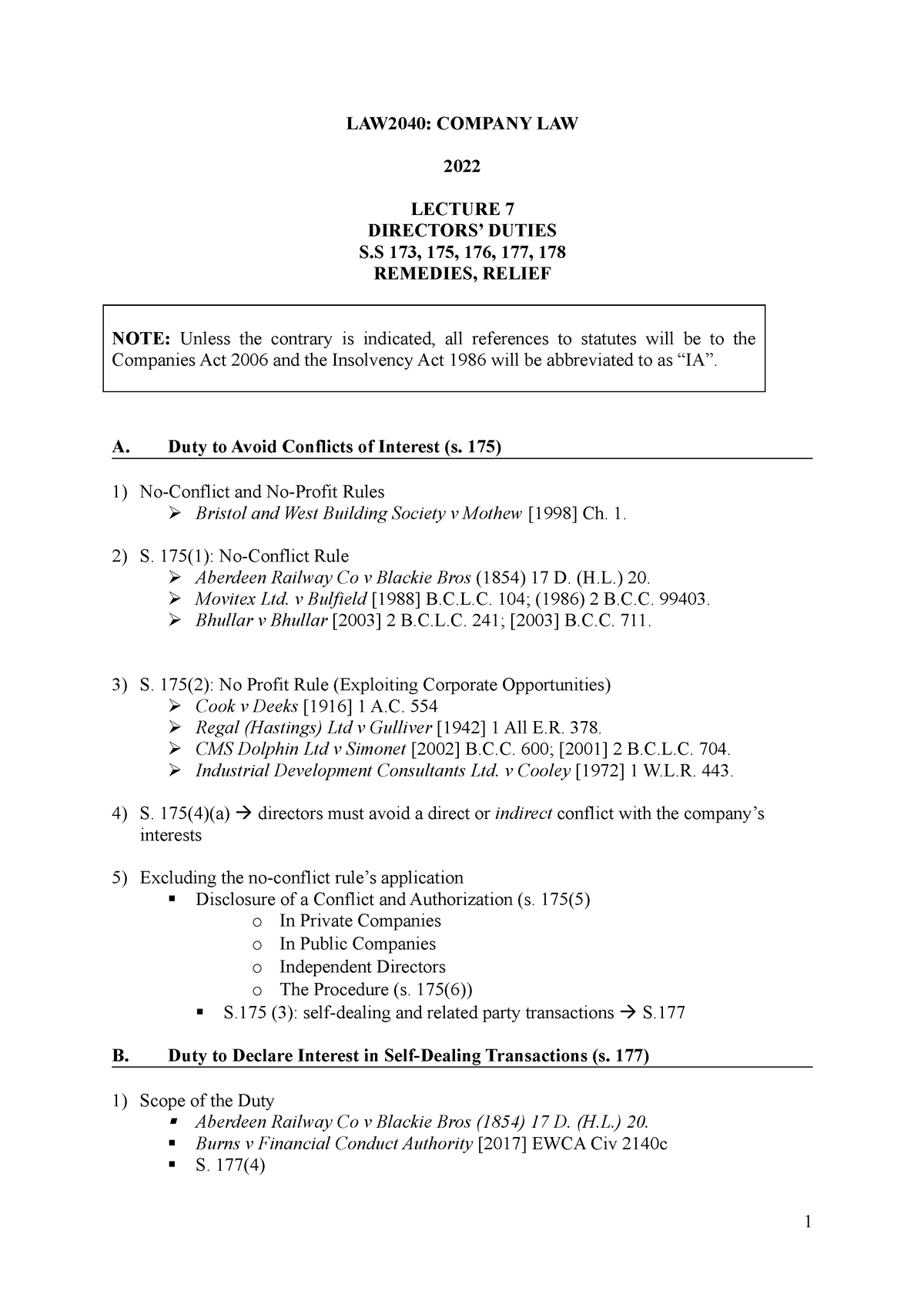 (Company Law 2022) Lecture 7 Outline - LAW2040: COMPANY LAW 2022 ...