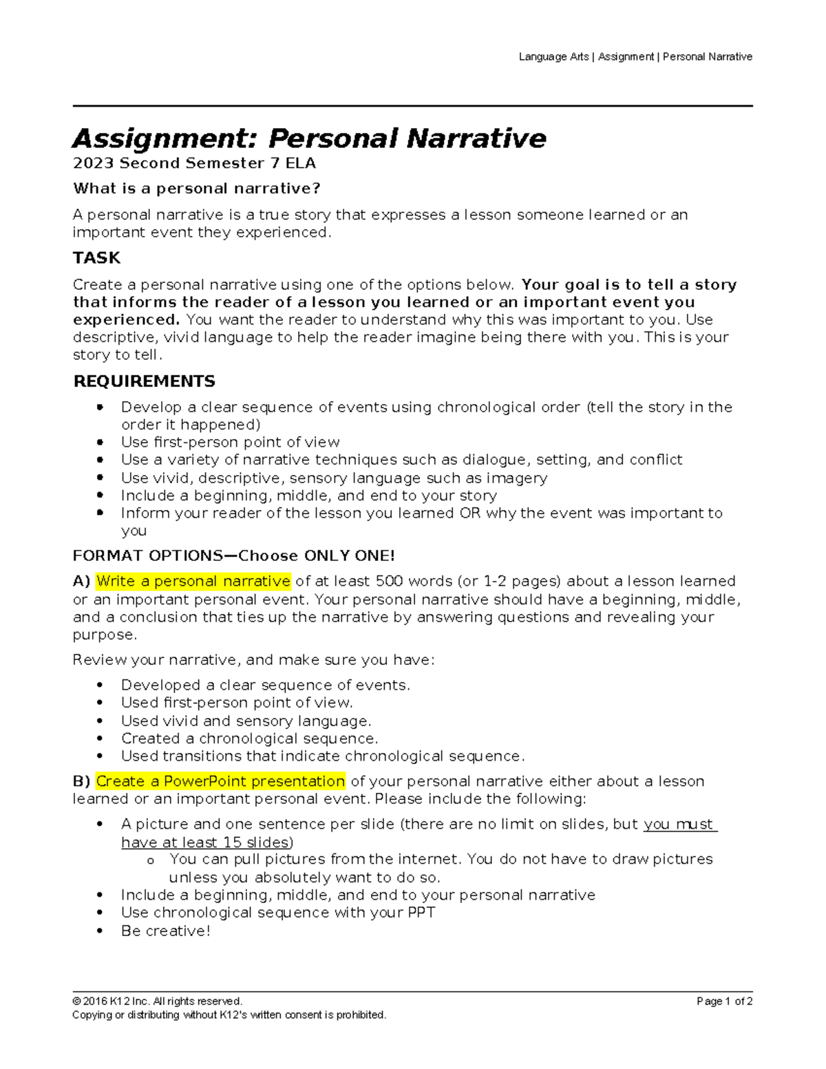 personal narrative assignment high school