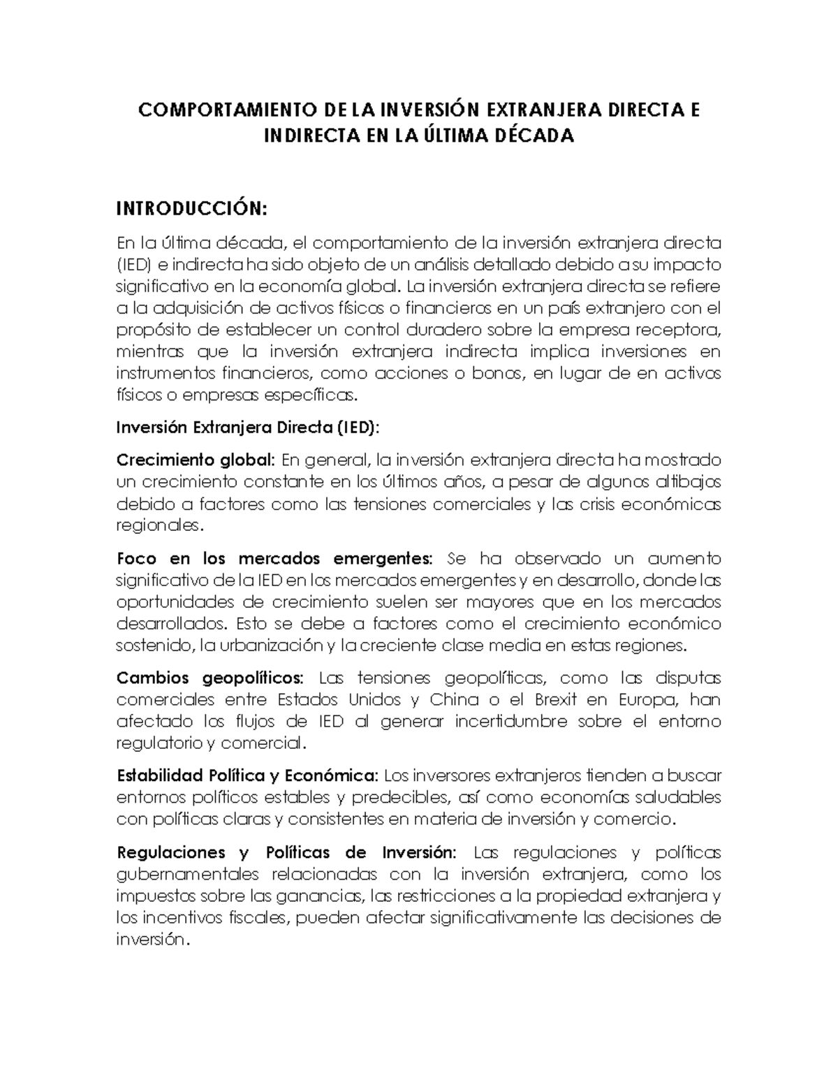 Comportamiento DE LA Inversión Extranjera Directa E Indirecta EN LA ...