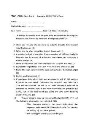 Man 206 Class Test Two Memo - Man 206: Class Test 2 Student Number