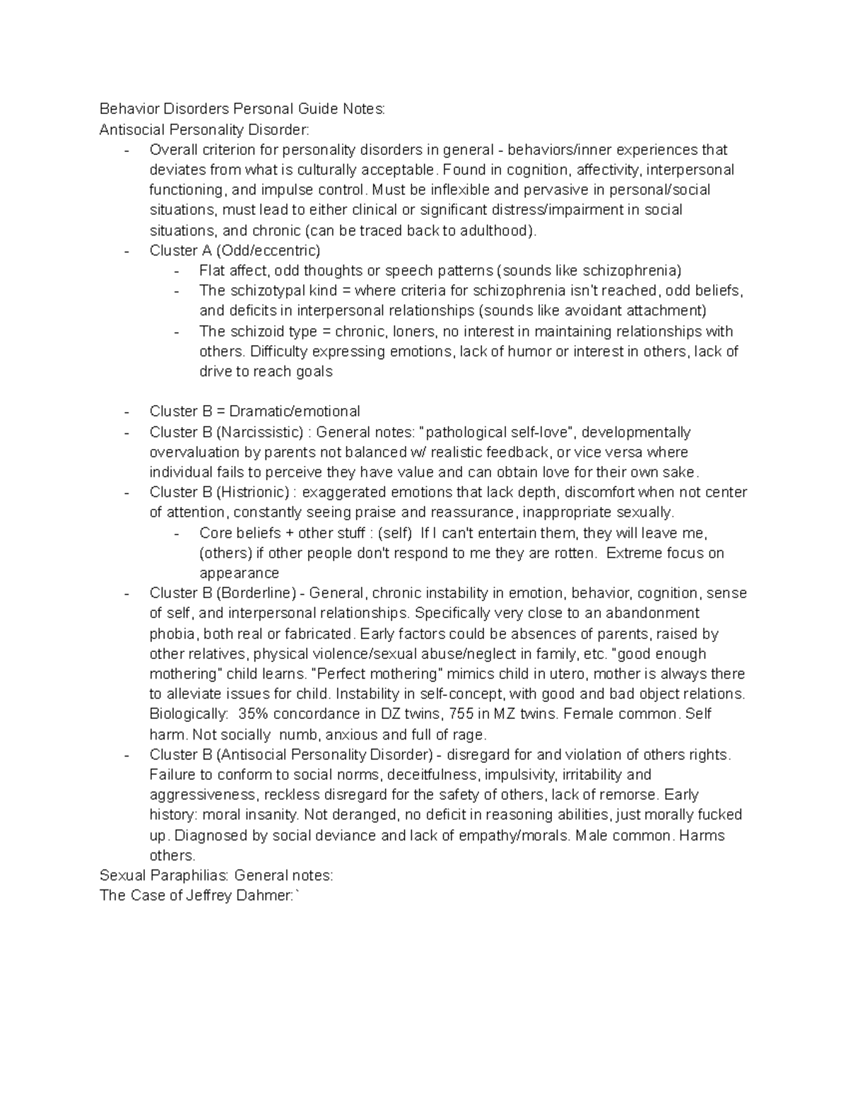 Behavior Disorders Personal Guide Notes - Cluster A and B - Behavior ...