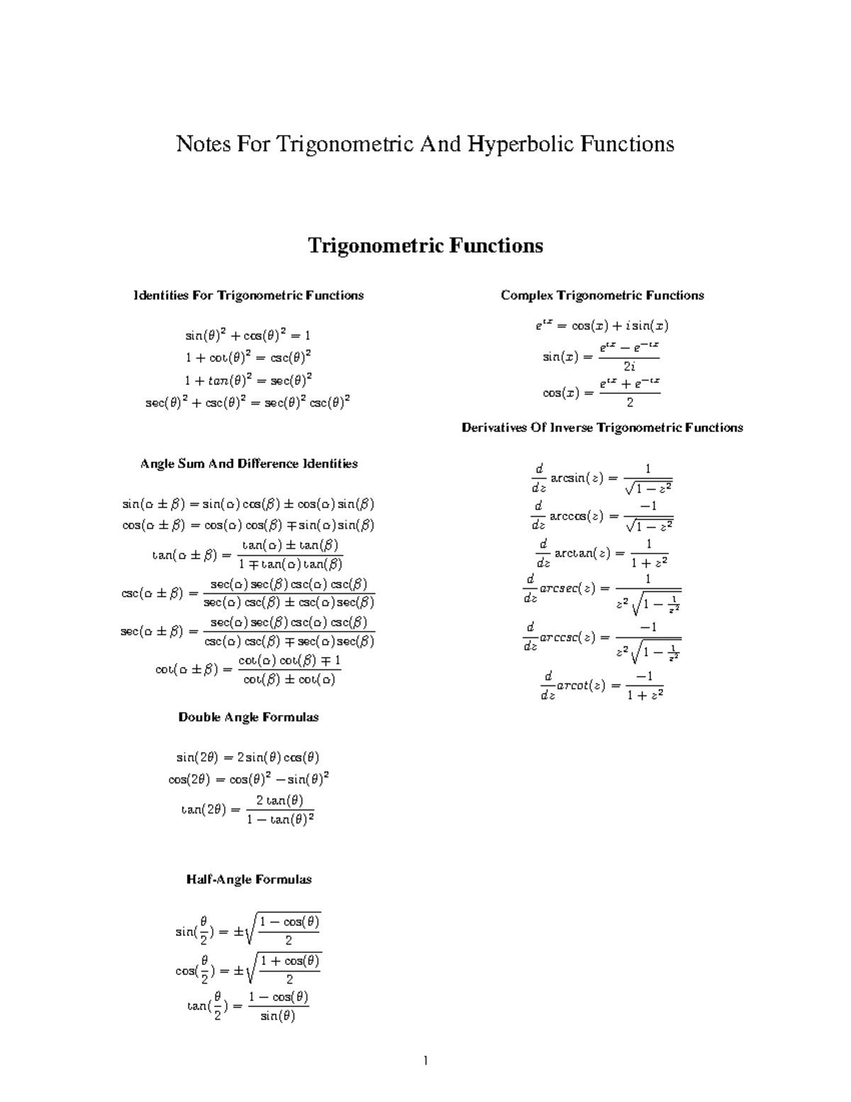 Trig Hype func Notes - Notes For Trigonometric And Hyperbolic Functions ...