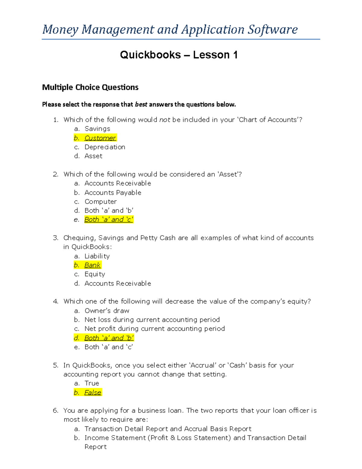 Money Management In class exercise - Lesson 1 - FIN 2003 - George Brown ...