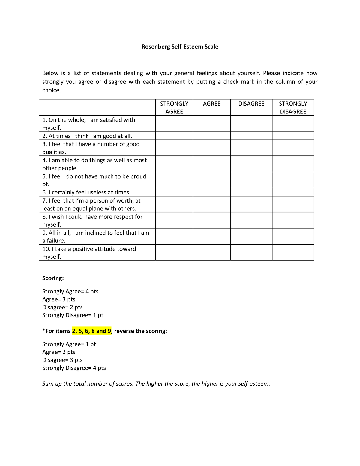 UTS SELF Esteem Scale - Lecture Notes - Rosenberg Self-Esteem Scale ...