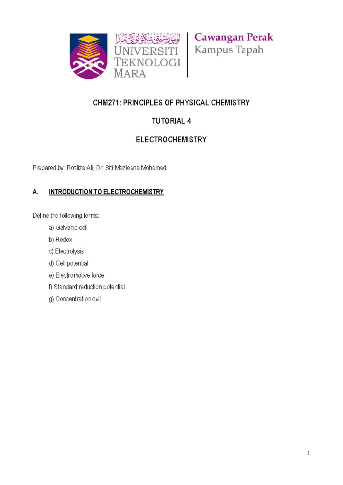 CHM271 Tutorial 4 Electrochemistry - CHM271: PRINCIPLES OF PHYSICAL ...