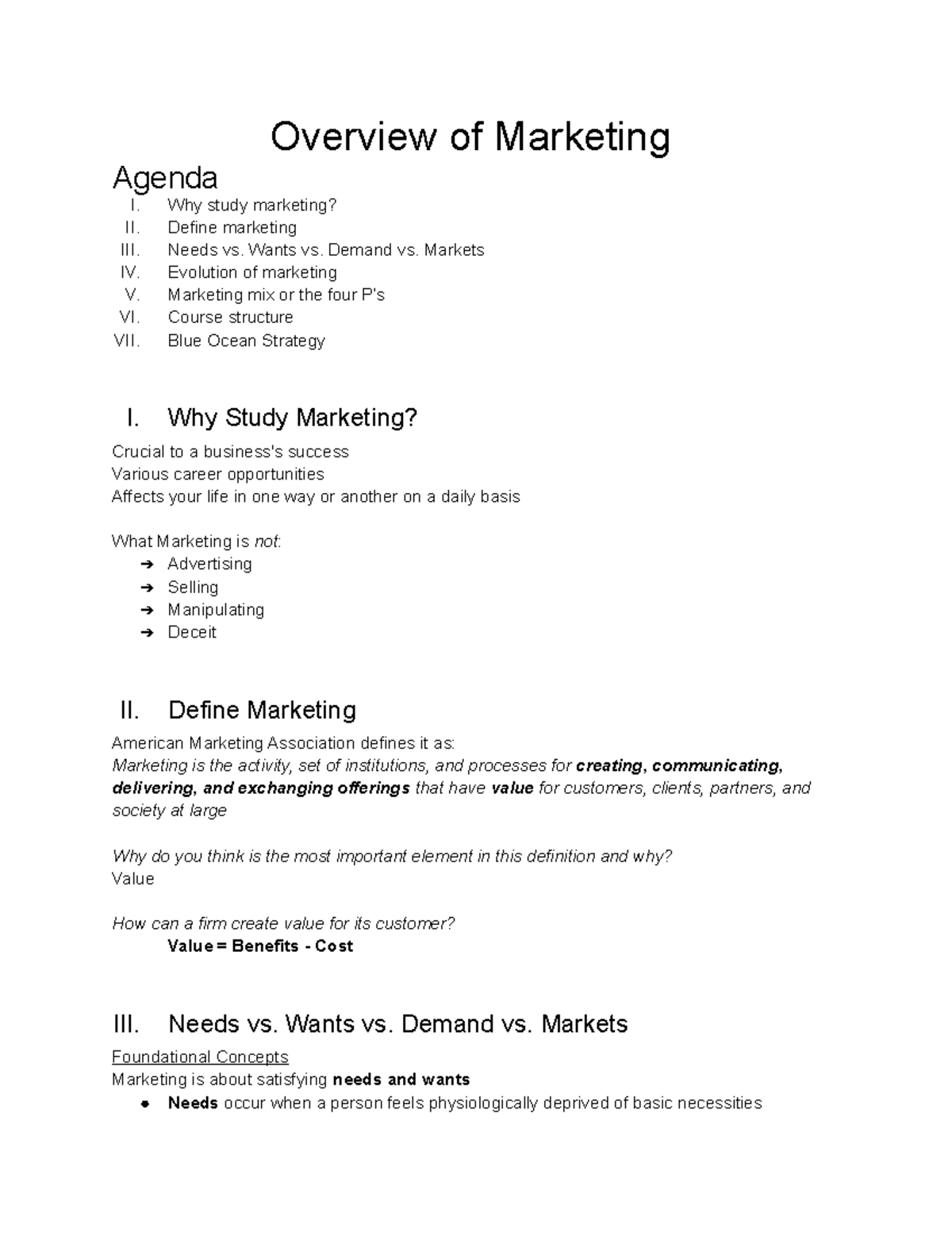 Overview of Marketing - Lecture notes 8 - Overview of Marketing Agenda ...
