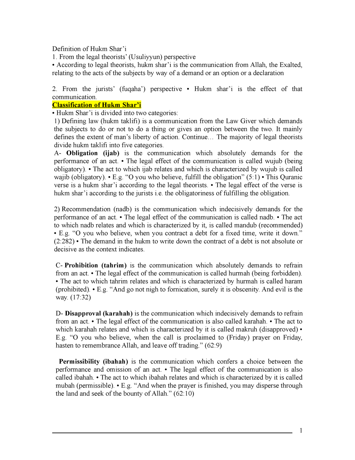 Doc 1 Law Definition Of Hukm Shar i From The Legal Theorists 