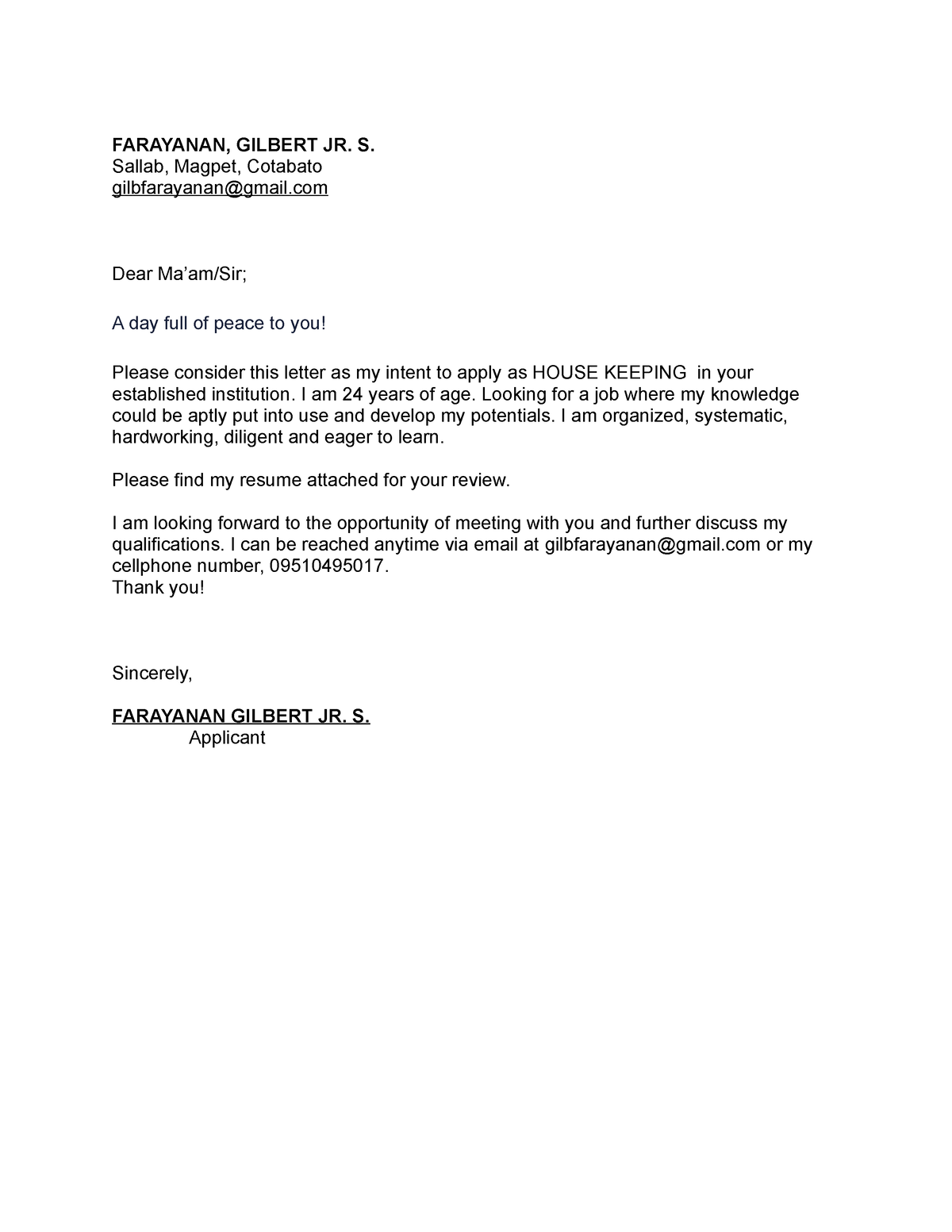 Gilbert Cover Letter - helpful for applicants - FARAYANAN, GILBERT JR ...