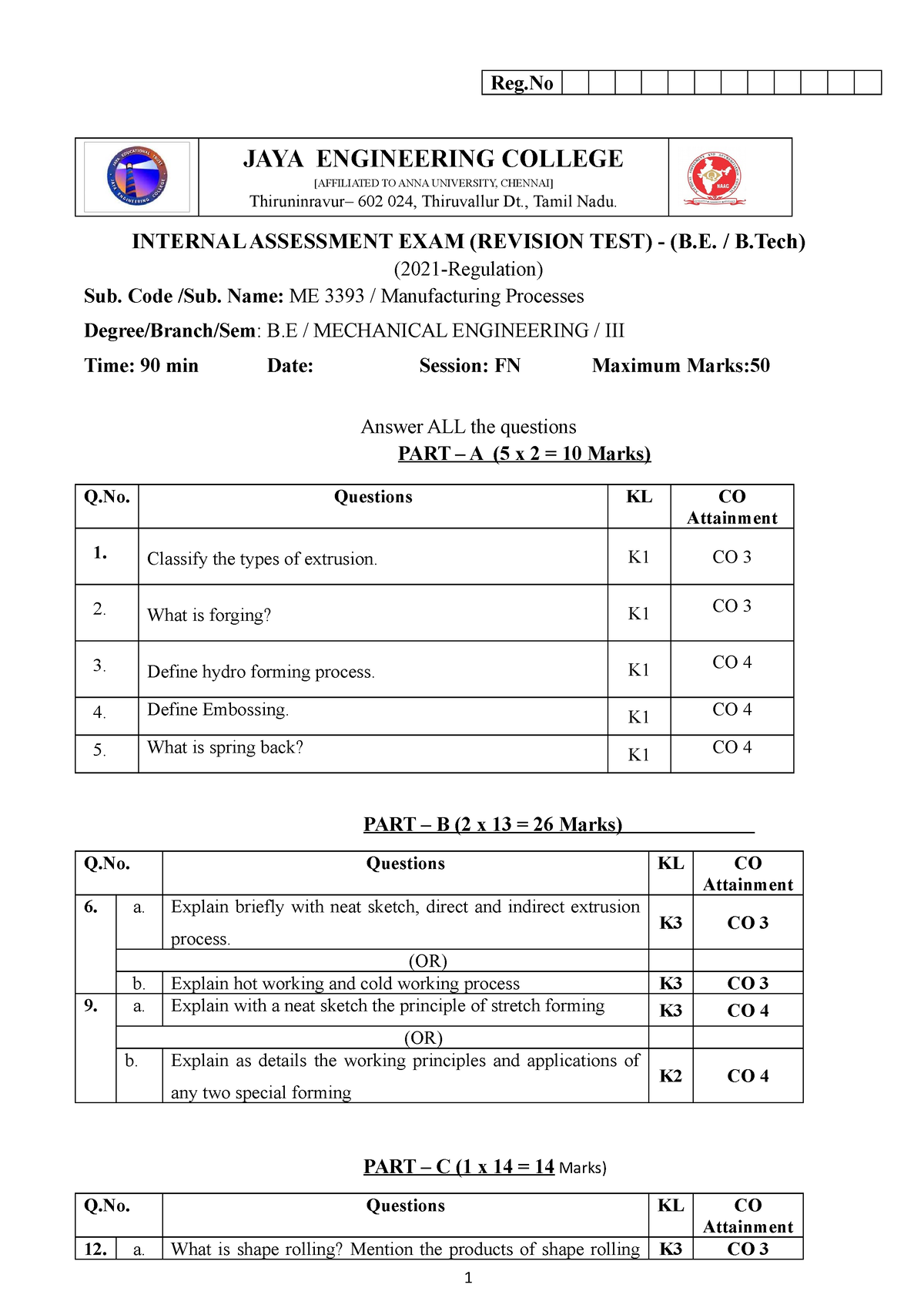 Mt Revision Qp - Reg INTERNAL ASSESSMENT EXAM (REVISION TEST) - (B. / B ...