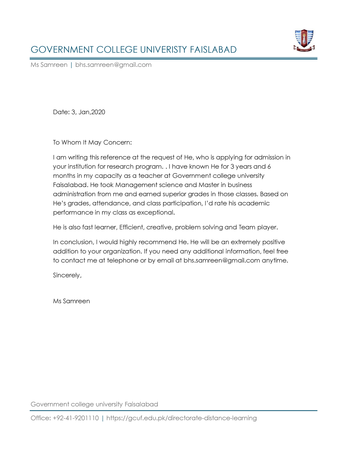 Letter Of recommendation MS samreen - Government college university ...