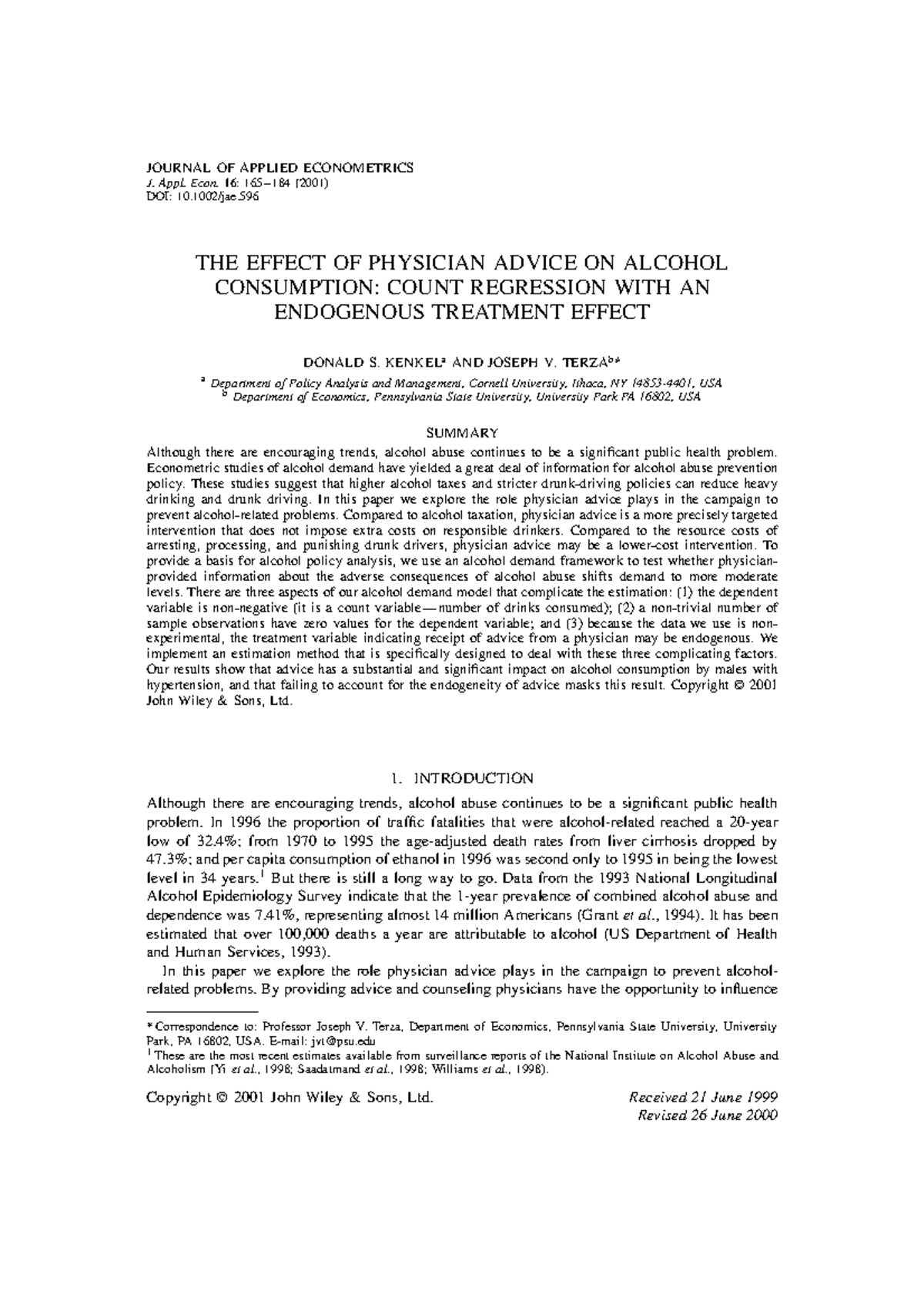 Kenkel et al 2001 journal of applied econometrics journal of applied
