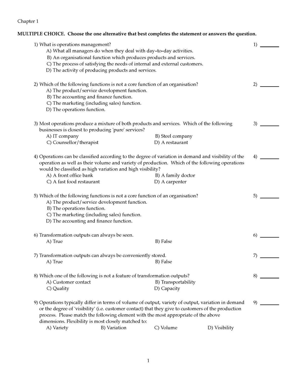 Ch1 - Operations Management - Chapter 1 MULTIPLE CHOICE. Choose The One ...