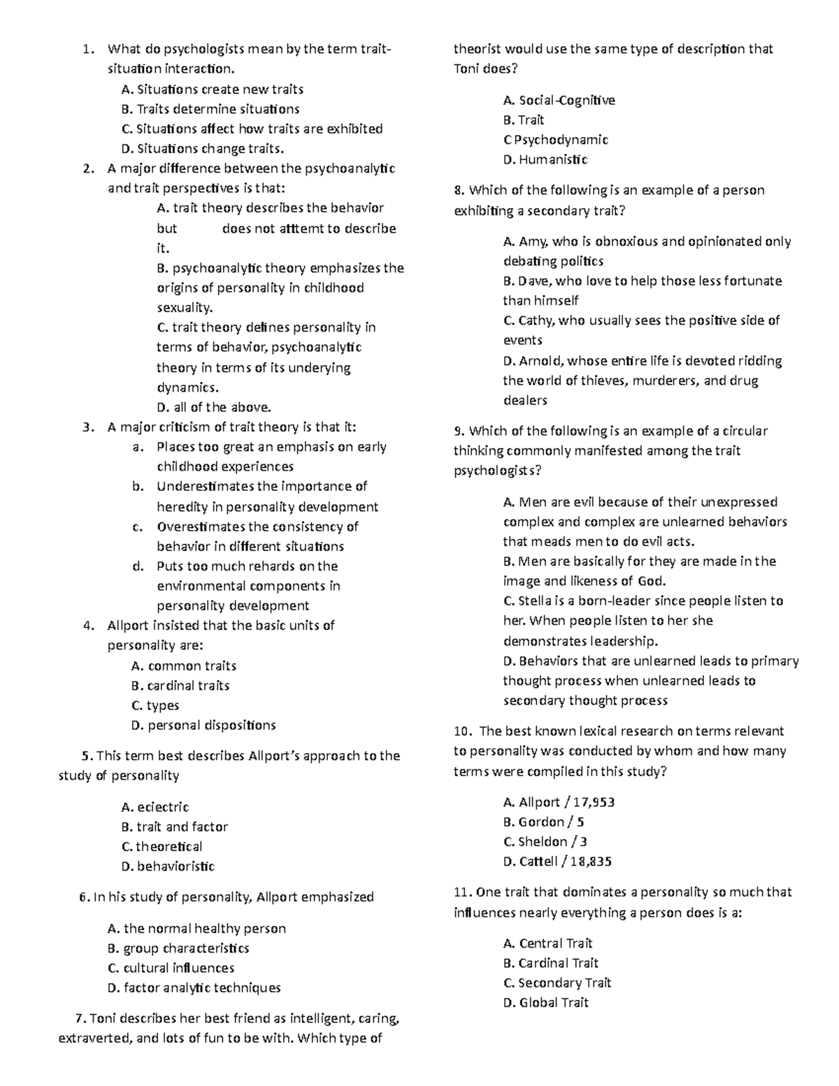 QUIZ 2019, questions - What do psychologists mean by the term trait ...