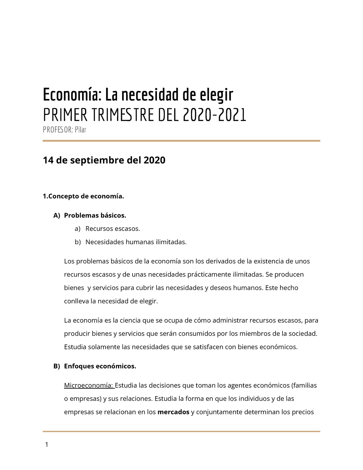 Economía 1º Bachillerato. Unidad 1. La Economía Y La Necesidad De ...