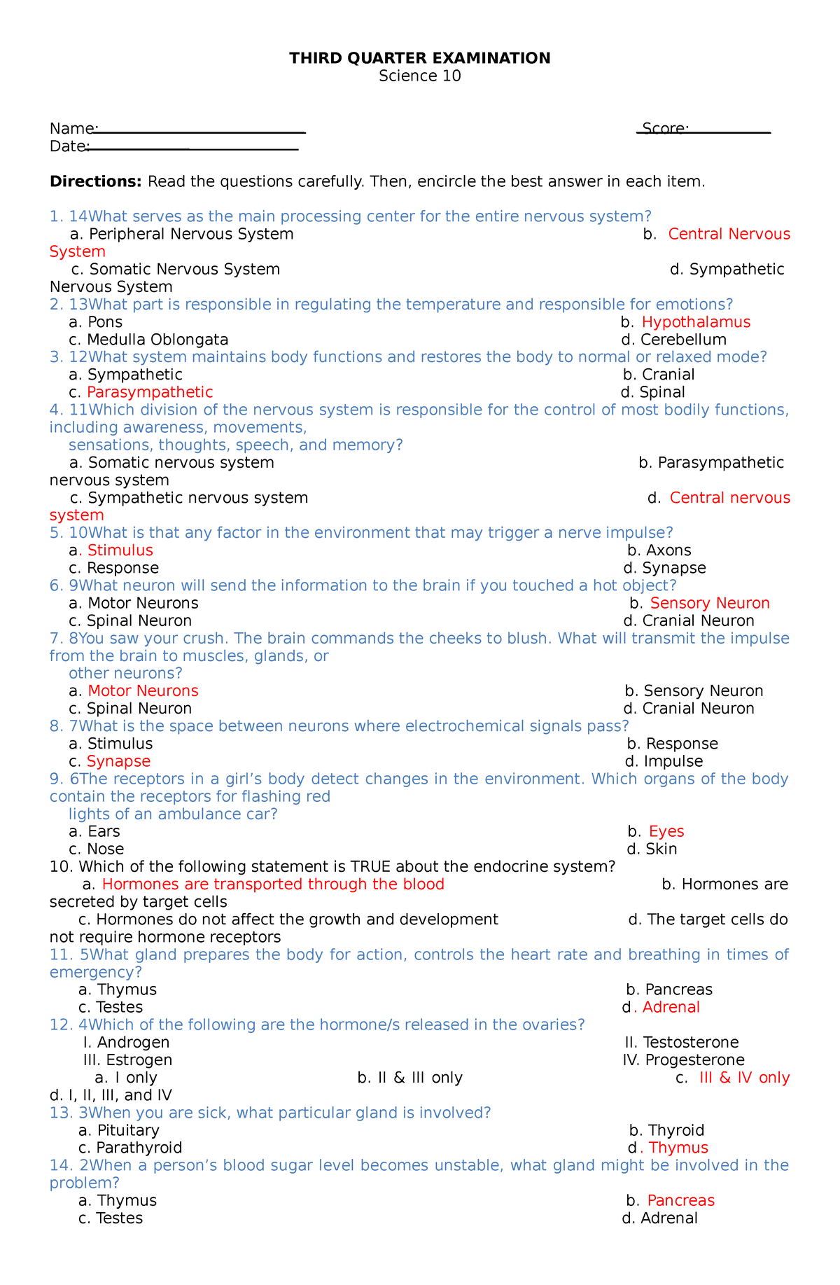 Third Quarter Examination Science 10 - THIRD QUARTER EXAMINATION ...