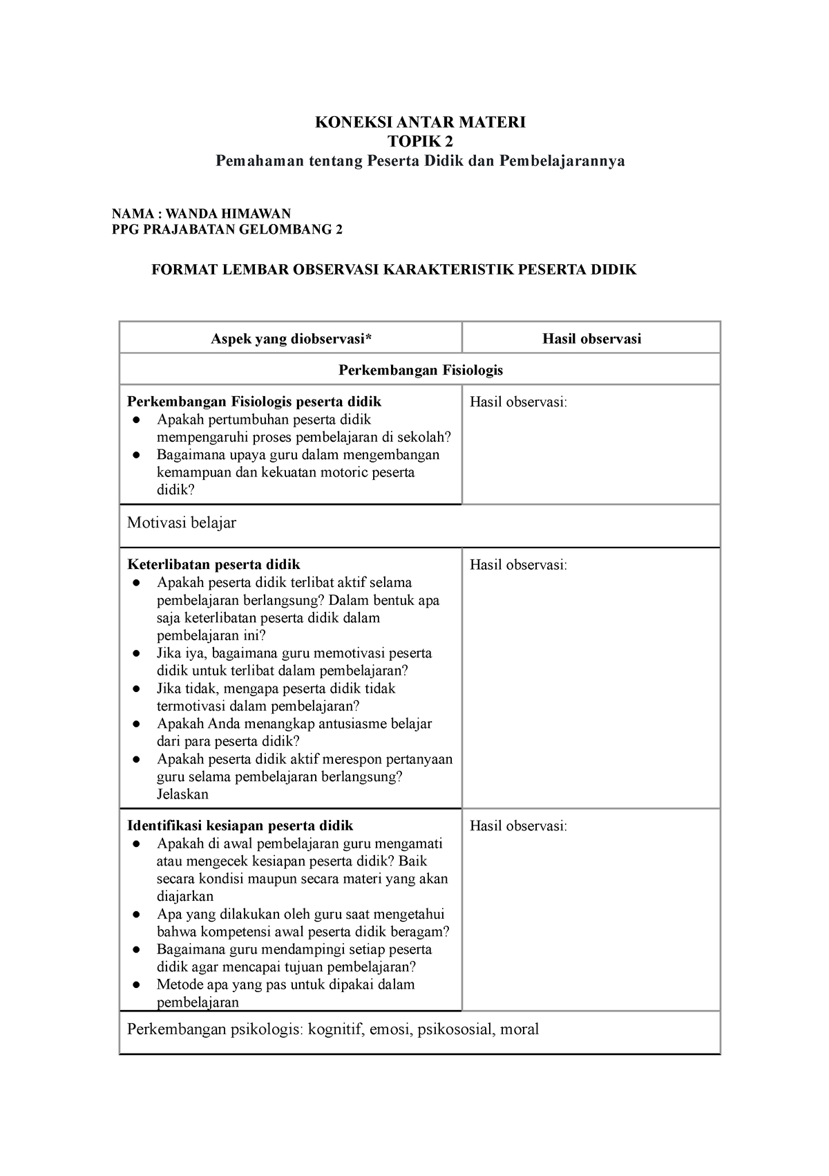 Lembar Observasi Karakteristik Peserta Didik Wanda T27 New Koneksi Antar Materi Topik 2 