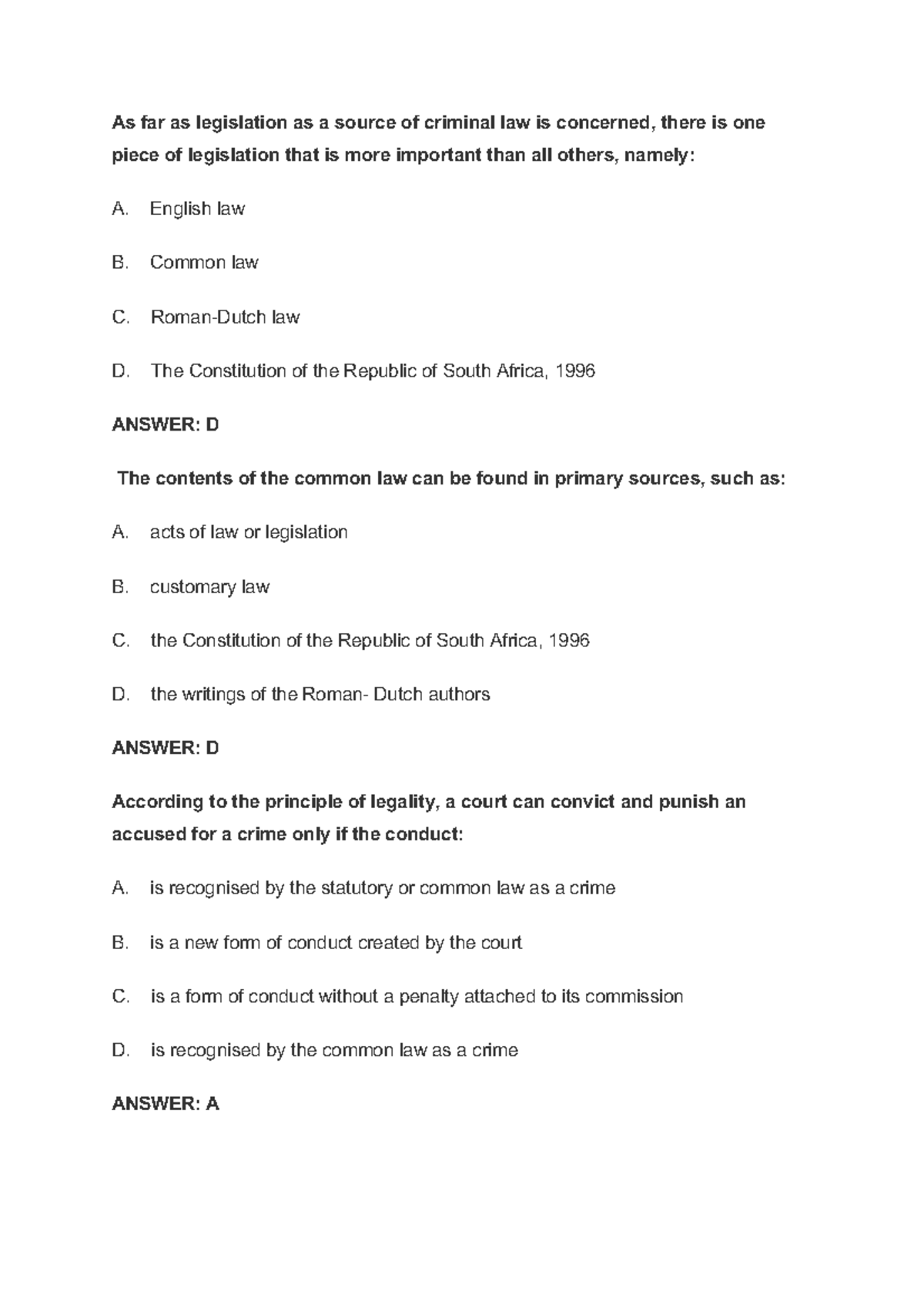 Criminal Law MCQ Exam EDIT - As Far As Legislation As A Source Of ...