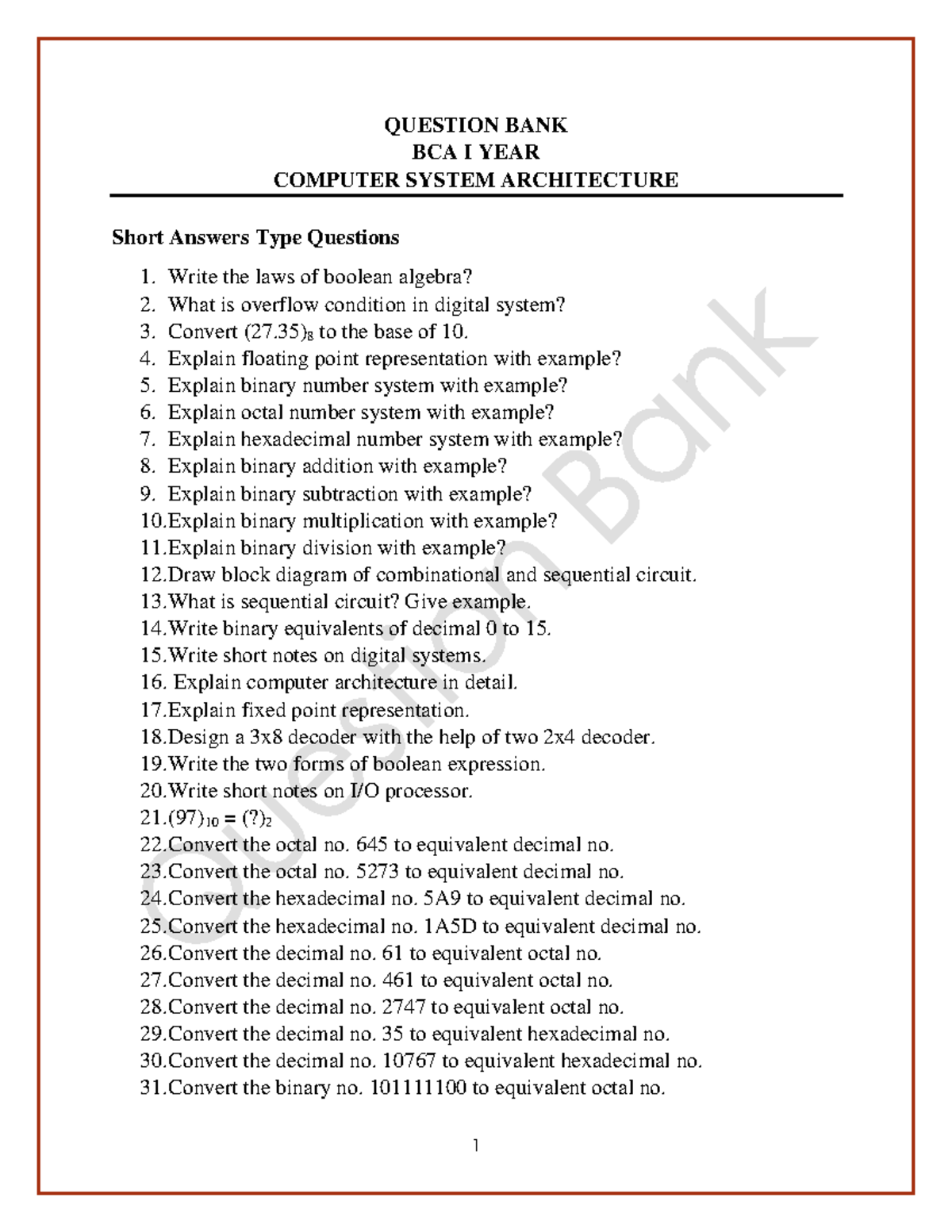 Question-Bank-Computer-Architecture - QUESTION BANK BCA I YEAR COMPUTER ...