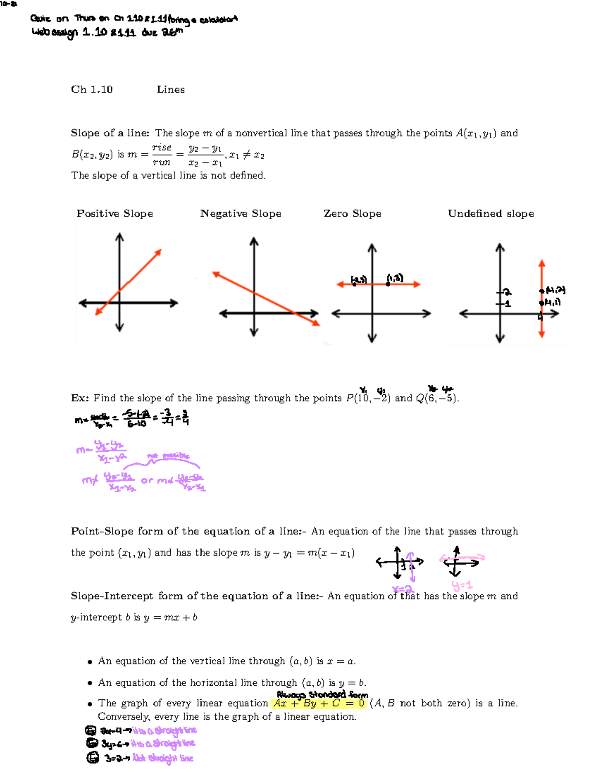 2022-10-21 precalc part 1 - Ch 1 Lines Slope of a line: The slope m of ...