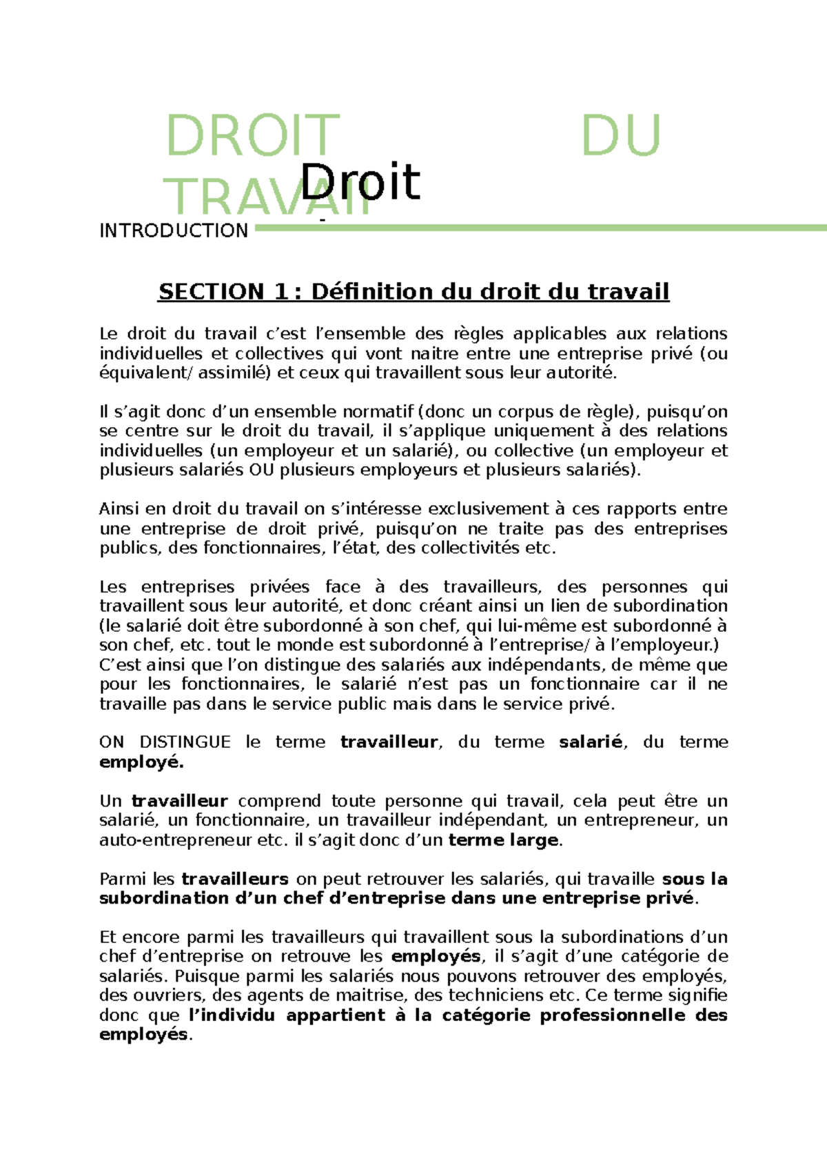 DT Intro - cours de droit du travail - INTRODUCTION SECTION 1 ...