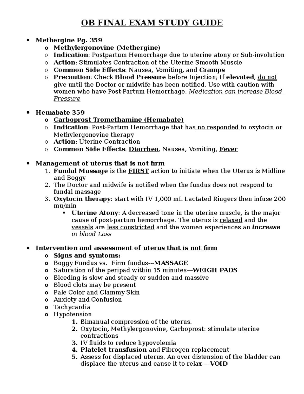 OB Final Exam Study Guide.docx - OB FINAL EXAM STUDY GUIDE Methergine ...