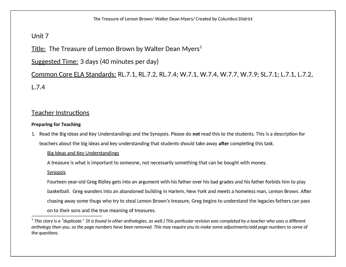 7. Treasure of Lemon Brown. lesson - Anthology - Unit 7 Title: The ...